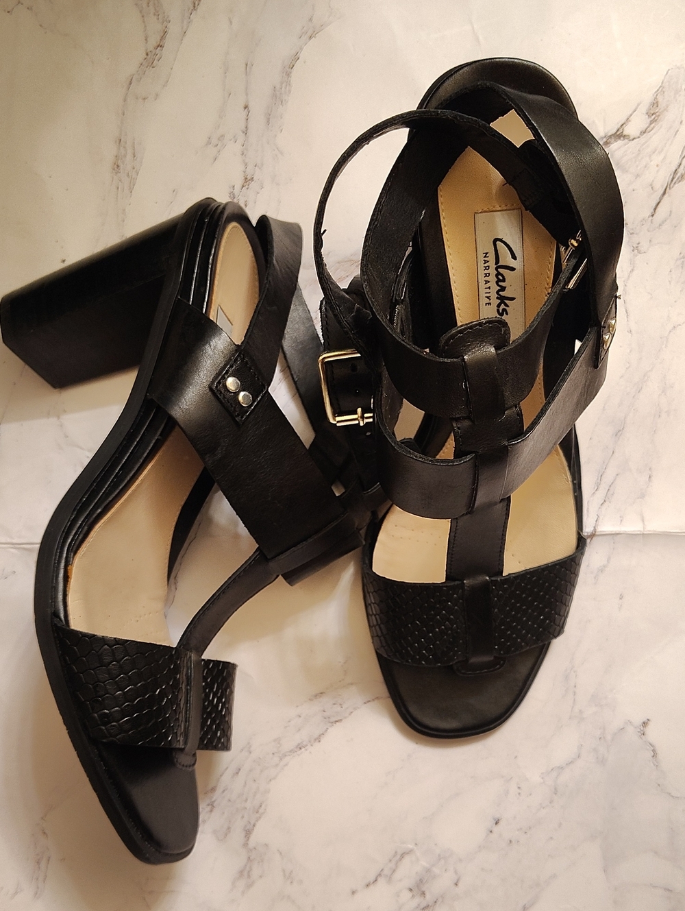Clarks Black Leather Strappy Block Heel Sandals